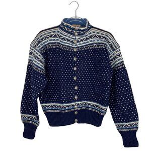 Vintage Heimen Nordic Wool Cardigan Sweater Fair Isle in Blue & White Size Small